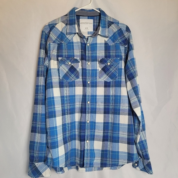 Aeropostale Western Pearl Snap Blue Plaid Men's Long Sleeve Shirt Size XL - Picture 1 of 9